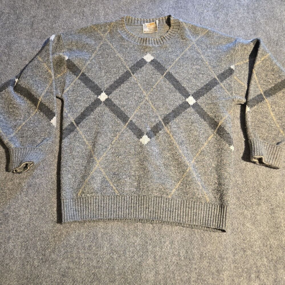 London Fog Sweater Men Large Grey Blue Wool Blend Crewneck Vintage Made USA